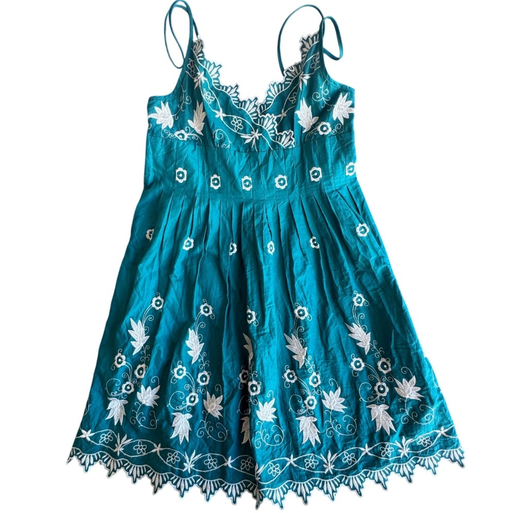 Type Z Teal Cotton Embroidered Sundress White Floral Scalloped Hem H51081 M